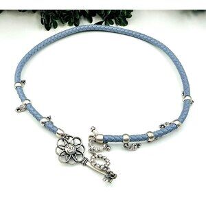 Blue Braided Leather Necklace With Silver Key and Rhinestone Accents by Premier